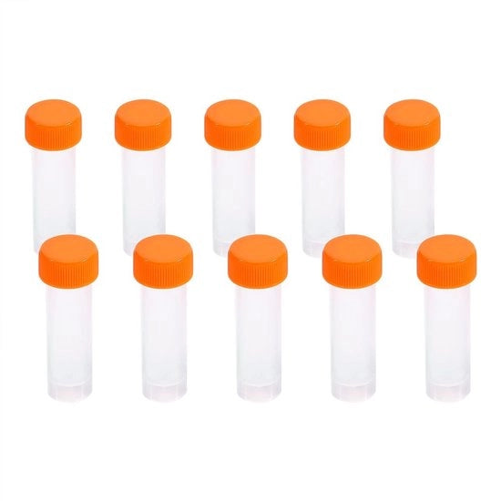 Set di flaconcini di plastica 10 pezzi - 5 ml - Inerte - Adatto per congelazione - Facile da utilizzare - Altezza 58 mm / Diametro 15 mm - Flaconcini di prova