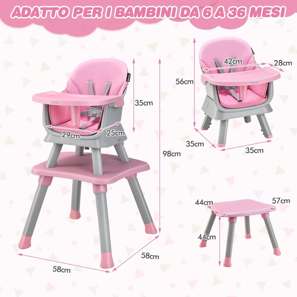 Seggiolone Pappa per Bambini 6 in 1, Seggiolone per Neonati Convertibile, Tavolo per Costruzioni per Bambini, con Imbracatura a 5 Punti, per Bambini da 6 Mesi fino 3 Anni (Rosa)