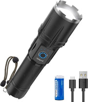 Lampada LED portatile con 30.000 lumen di luminosità, resistente all'acqua IP65, con funzione di zoom e 5 modalità di illuminazione, caricabile via USB, adatta per outdoor, escursioni e emergenze.