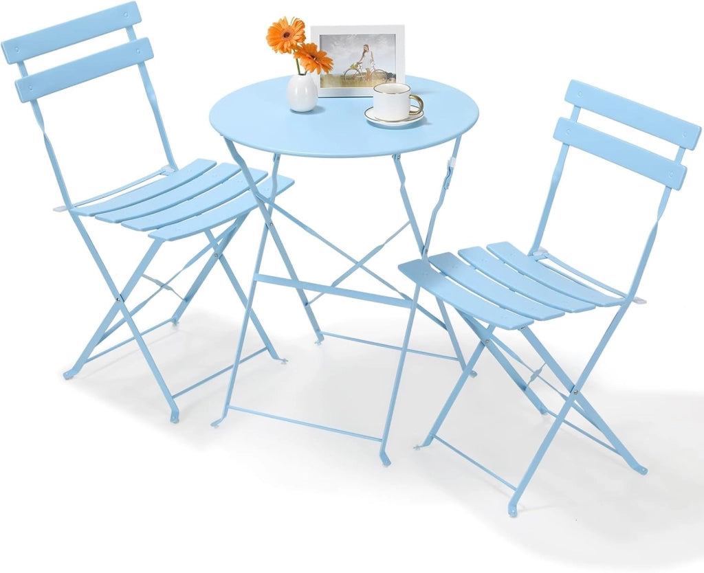 Set da Bistrò 3 Pezzi, Tavolo da Giardino Pieghevole Metallo, Set da Balcone con 2 Sedie, Mobili da Giardino, Pieghevole, Tavolo con Sedie per Balcone e Terrazzo, Blu