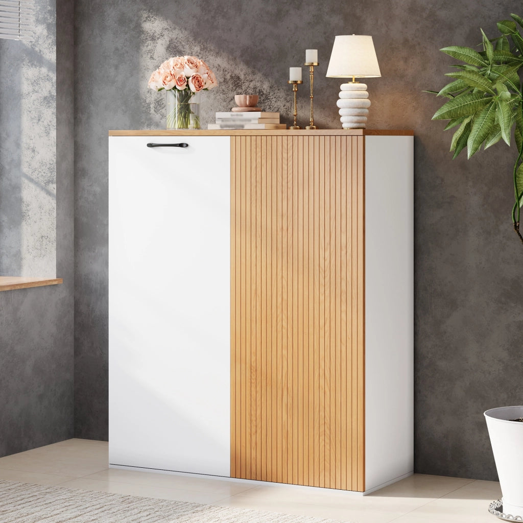 Armadio per ufficio in MDF con cerniere soft-close e frontale a lamelle bianco e rovere 80 × 40 × 110 cm
