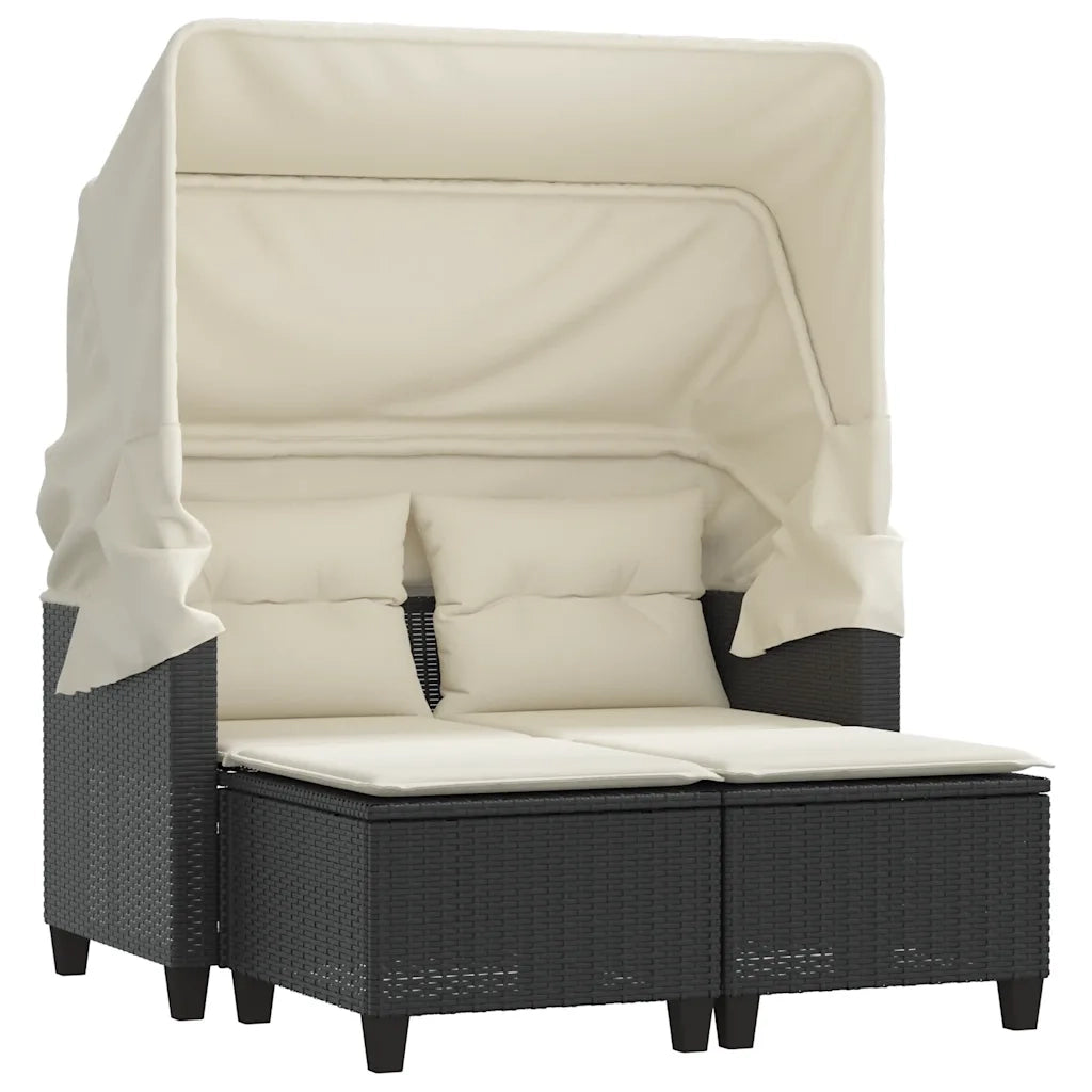 Divano Giardino 2 Posti Baldacchino e Sgabelli Nero Polyrattan 365780