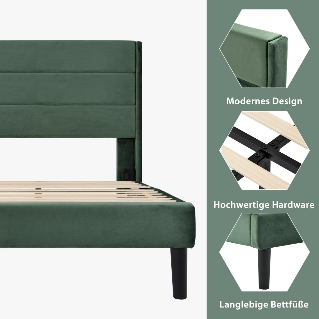 Letto singolo – 90x200 cm – testiera rete design moderno – velluto verde scuro