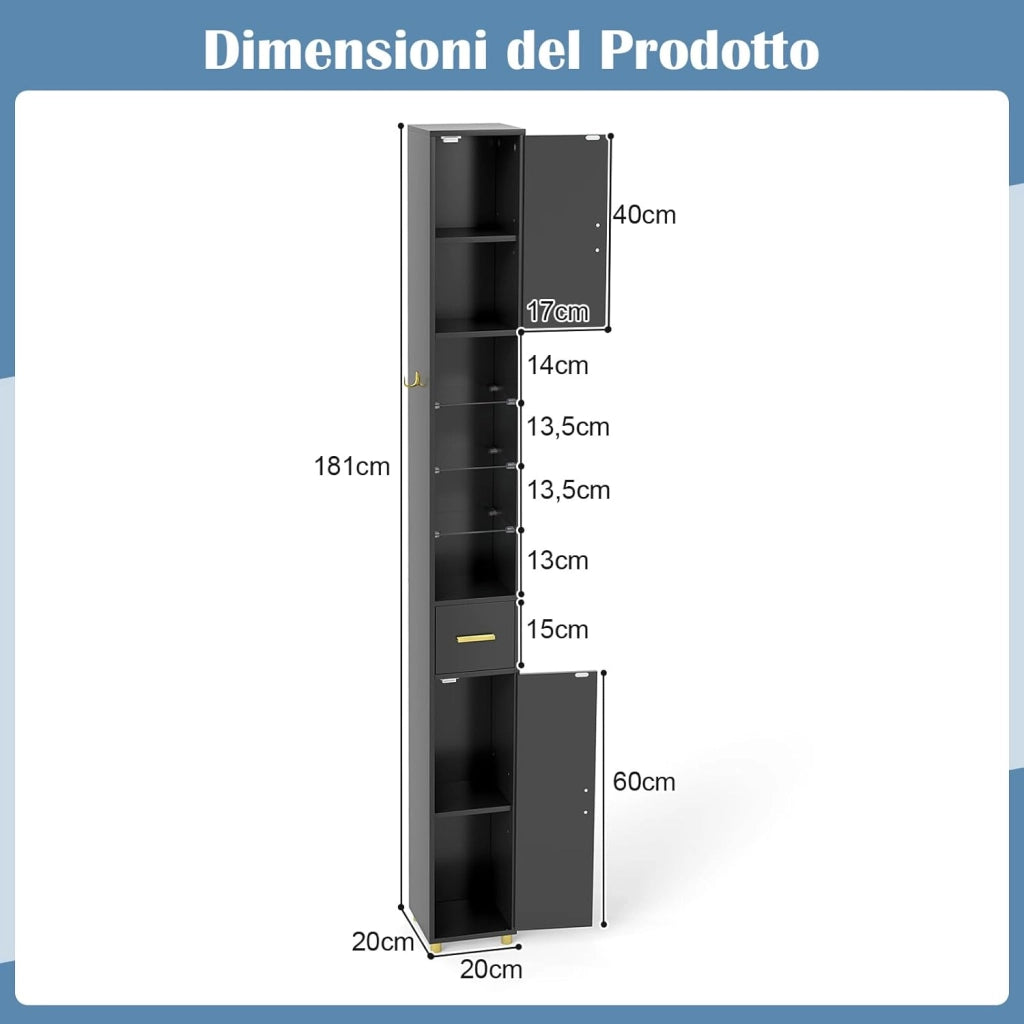 Mobile Bagno Salvaspazio con Luce, Colonna Bagno con Scomparti Aperti in Vetro, Ripiani Regolabili, 1 Cassetto e 1 Gancio Laterale per Spazi Ridotti 20 x 20 x 181 cm (4 Ripiani con Luce, Nero)