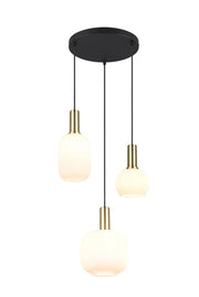 Lampadario tondo nero-ottone 3xE27 vetro bianco Diva Trio