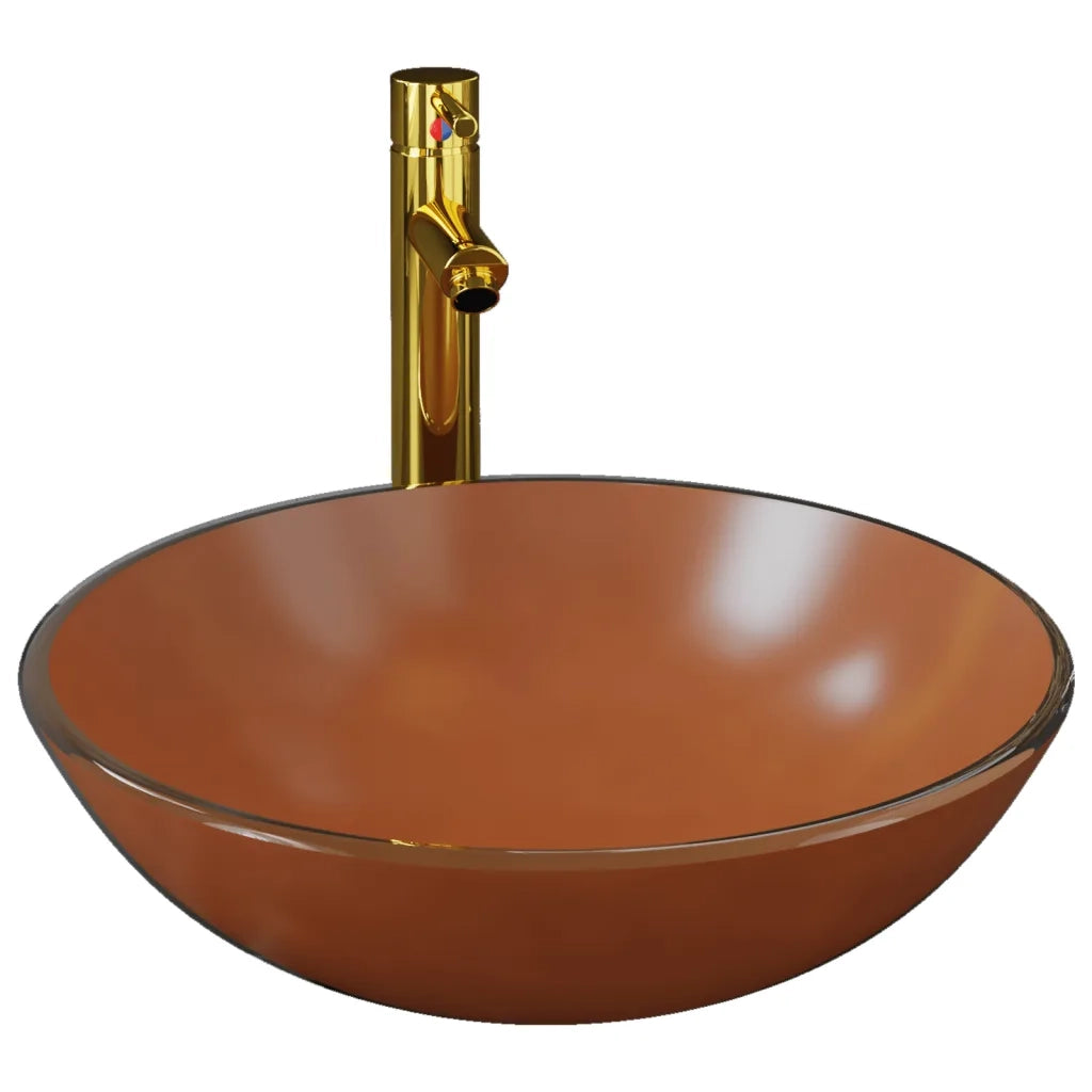 Lavandino con Rubinetto e Piletta in Vetro Temperato Marrone CFW2252919