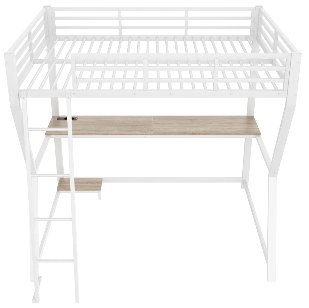 Letto a soppalco 140x200 cm con LED; scrivania e prese in metallo e MDF bianco