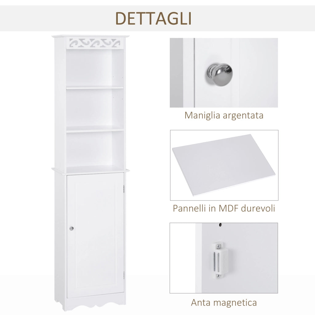 Mobiletto Bagno a Torre 3 Ripiani Regolabili e Armadietto ¨C zephmum ¨C MDF Bianco 40x23x160cm