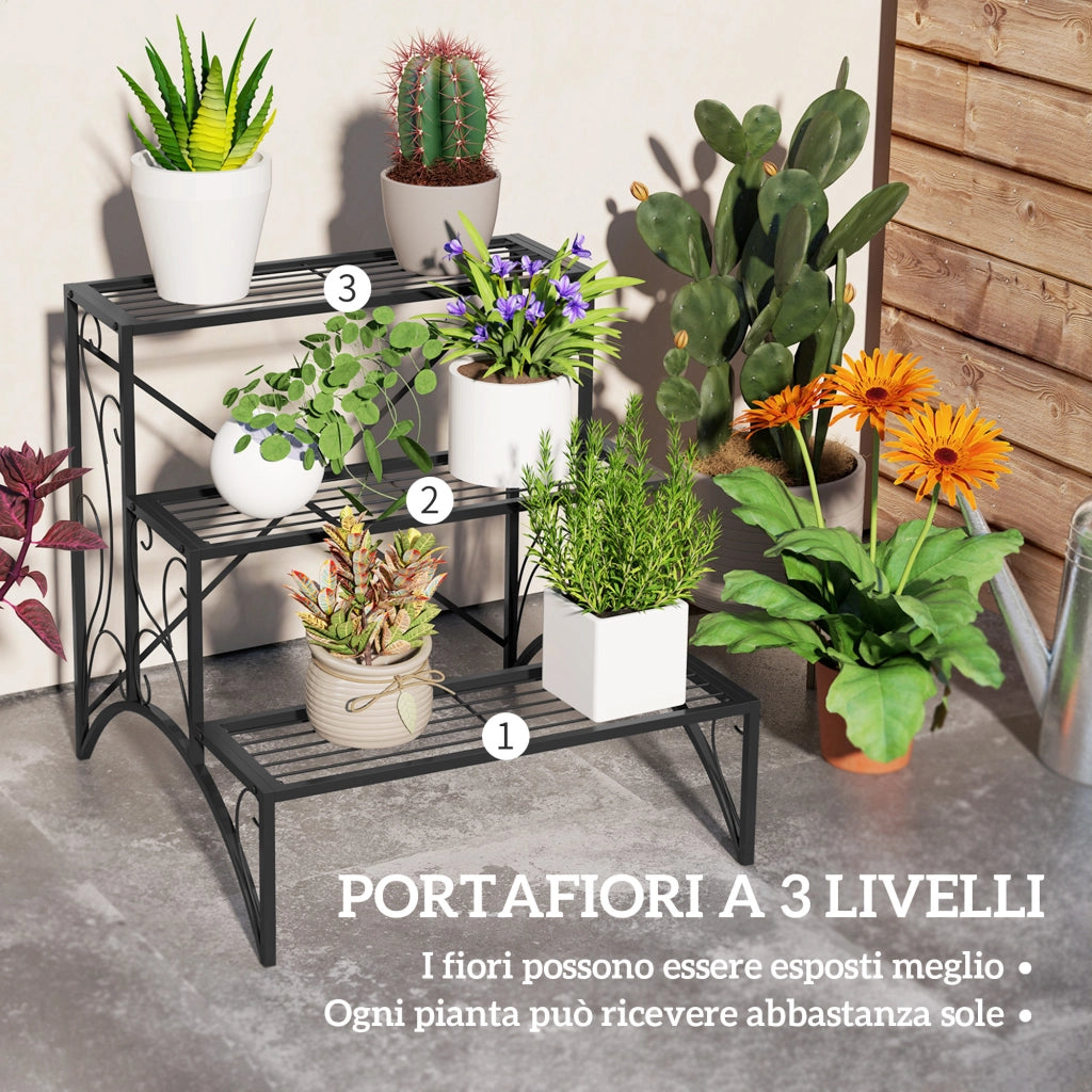 Scaffale a 3 Livelli Porta Piante ¨C Zephmum ¨C Metallo Nero 60x60x60 cm