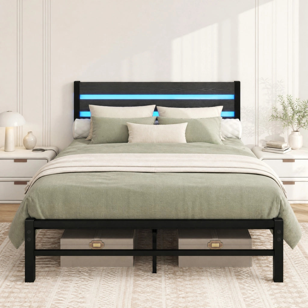 Letto matrimoniale 140x200 cm con struttura in metallo, testiera in MDF, LED RGB e vano sottoletto