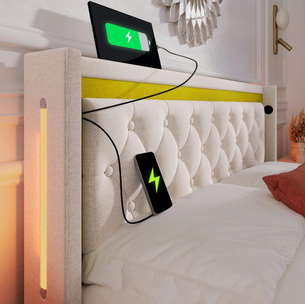 Letto matrimoniale contenitore ULEVR 140x200 cm con materasso, LED, 2 USB e 2 Type-C, beige