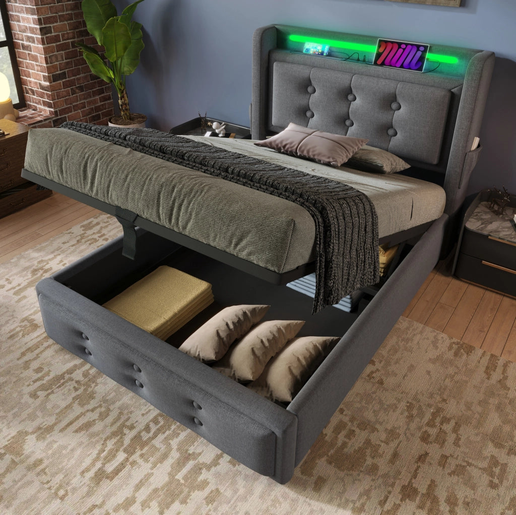 Polsterbett 90x200 mit USB-C; LED und Stauraum; Baumwoll-Leinen; Grau