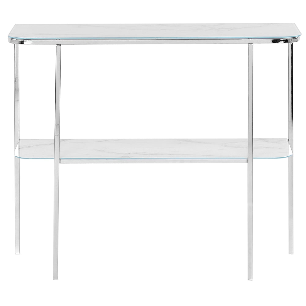 Consolle Bianco Argento Vetro Temperato Acciaio 100 x 35 cm Effetto Marmo Glam Moderno Soggiorno Camera Da Letto Corridoio