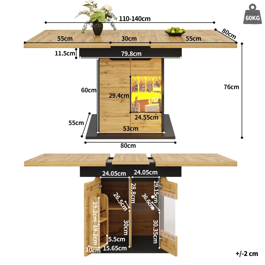 Tavolo da pranzo estensibile 110-140x80x76 cm con illuminazione LED e portaoggetti in MDF e vetro nero naturale