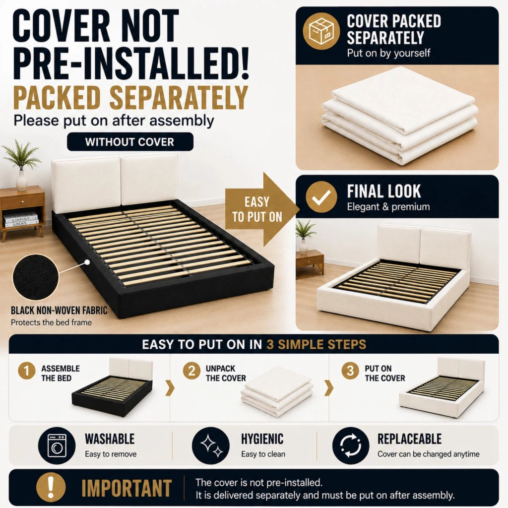 Letto matrimoniale 160 × 200 cm con rete a doghe, testiera imbottita, senza materasso, chenille beige