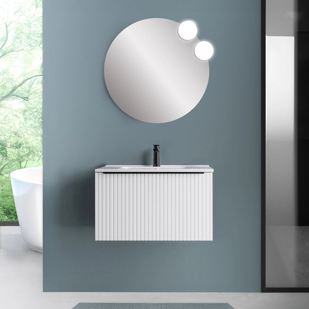 Mobile bagno sospeso 70 cm bianco opaco cannettato con cassetto e lavabo Nara
