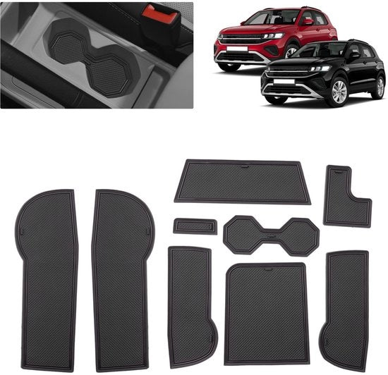 Antislipmatte per VW T-Cross (2018-2025) | Matrice in gomma originale per console centrale, contenitori per bicchieri e spaziature porta-finestre | Adatta per VW T-Cross Life Style R-Line Goal (nero)