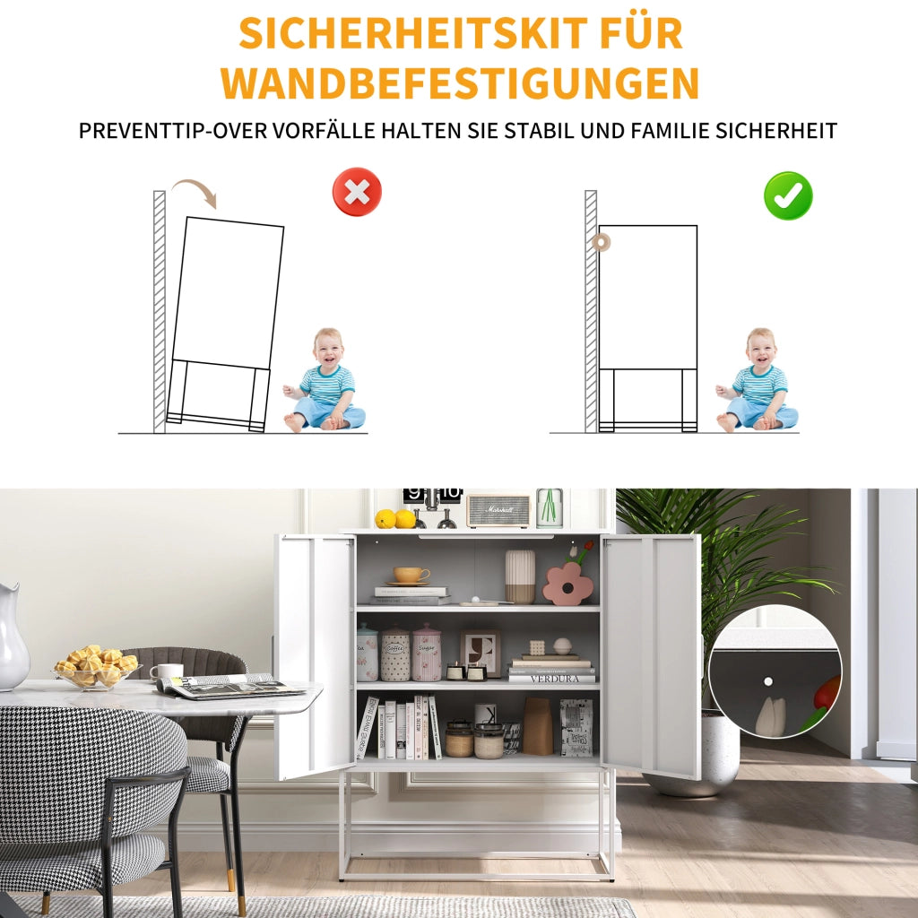 Credenza e madia in metallo con ante magnetiche e 2 ripiani, per cucina e soggiorno, bianco, 85 × 40 × 109 cm