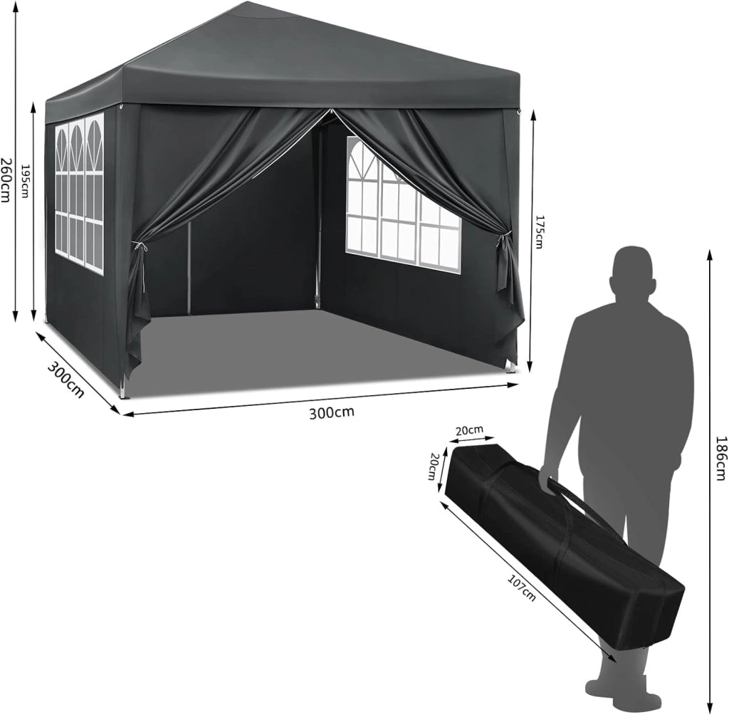 Gazebo da Giardino Richiudibile 3x3m Gazebo da Esterno in Ferro Regolabile in Altezza Tendone Pieghevole con Telo Idrorepellente,Set di 4 Sacchi di Sabbia, Facile da Montare Antracite