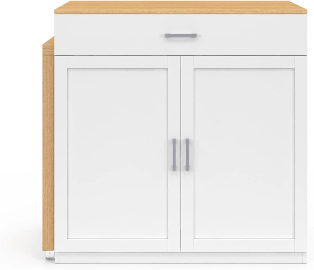 Isola centrale VITO 94-155 cm in legno bianco con tavolo da pranzo integrato allungabile in finitura faggio