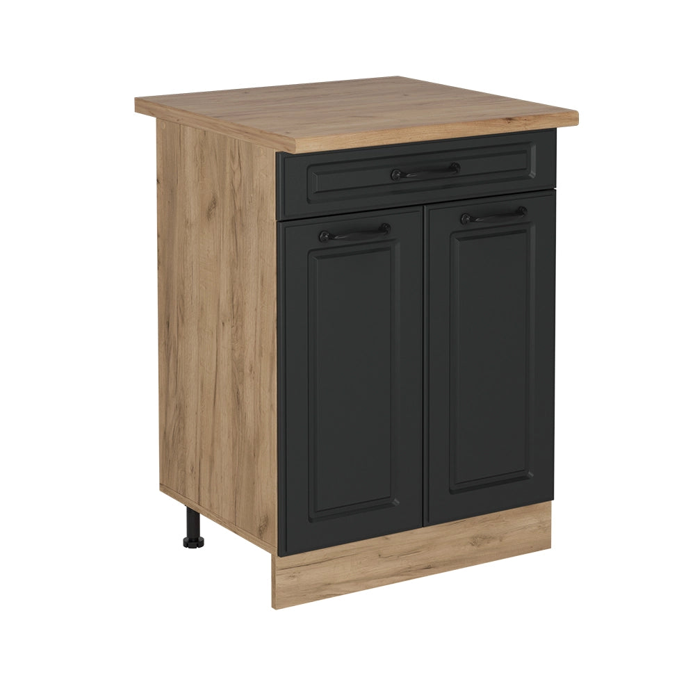 Mobiletto base per cucina R-Line Antracite rustico/Rovere dorato 60 cm con cassetto, PL Rovere Vicco