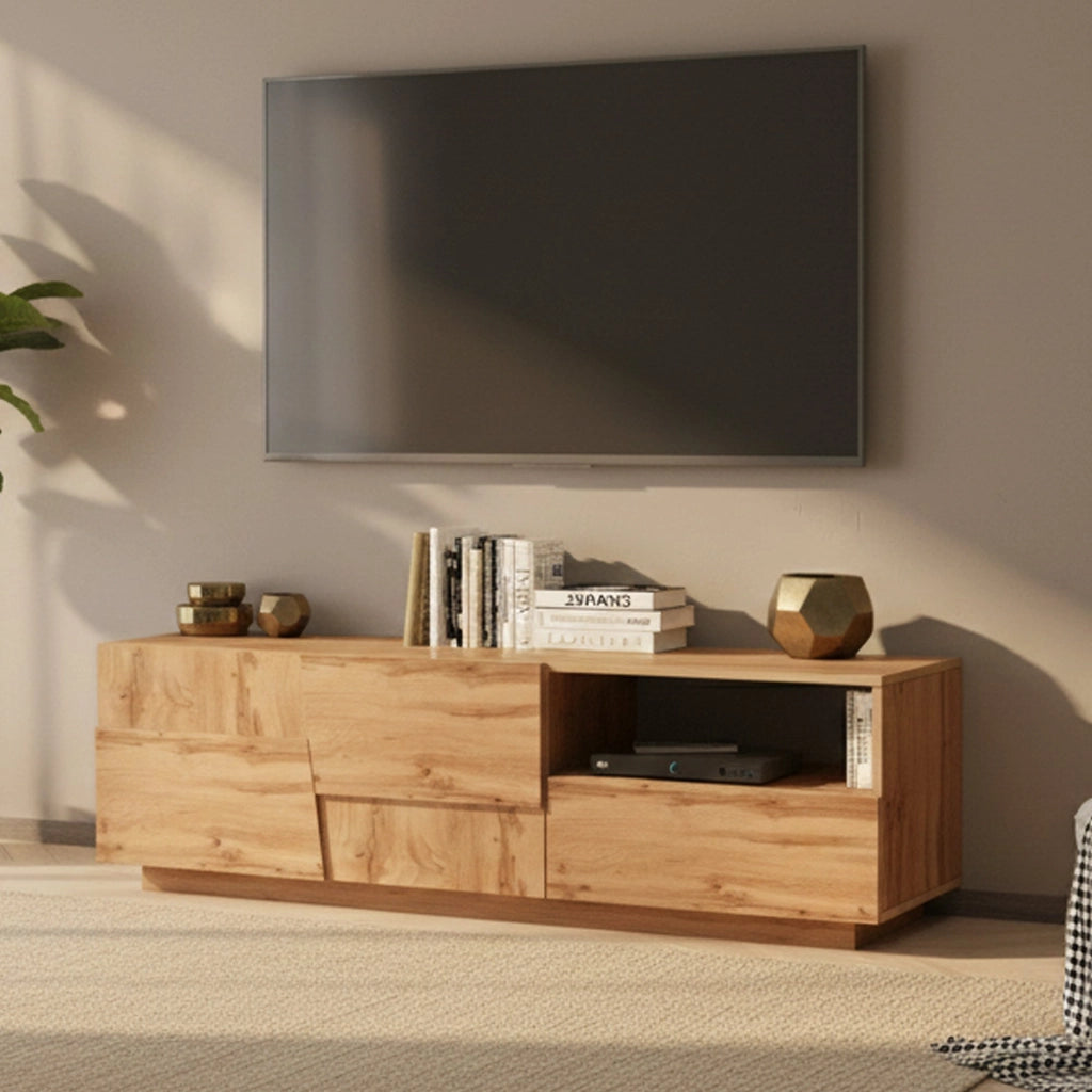 Mobile porta TV Cecia, Credenza bassa da soggiorno con 2 ante e 1 cassetto, Base porta TV, 150x44h46 cm, Rovere