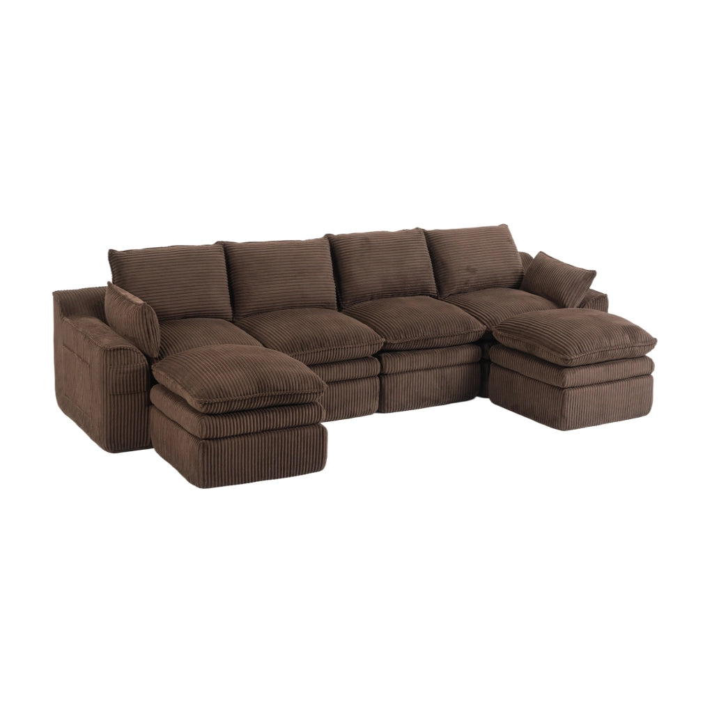 Divano modulare 4 posti in corduroy marrone; 335x167x85 cm; con 2 pouf e tasche laterali