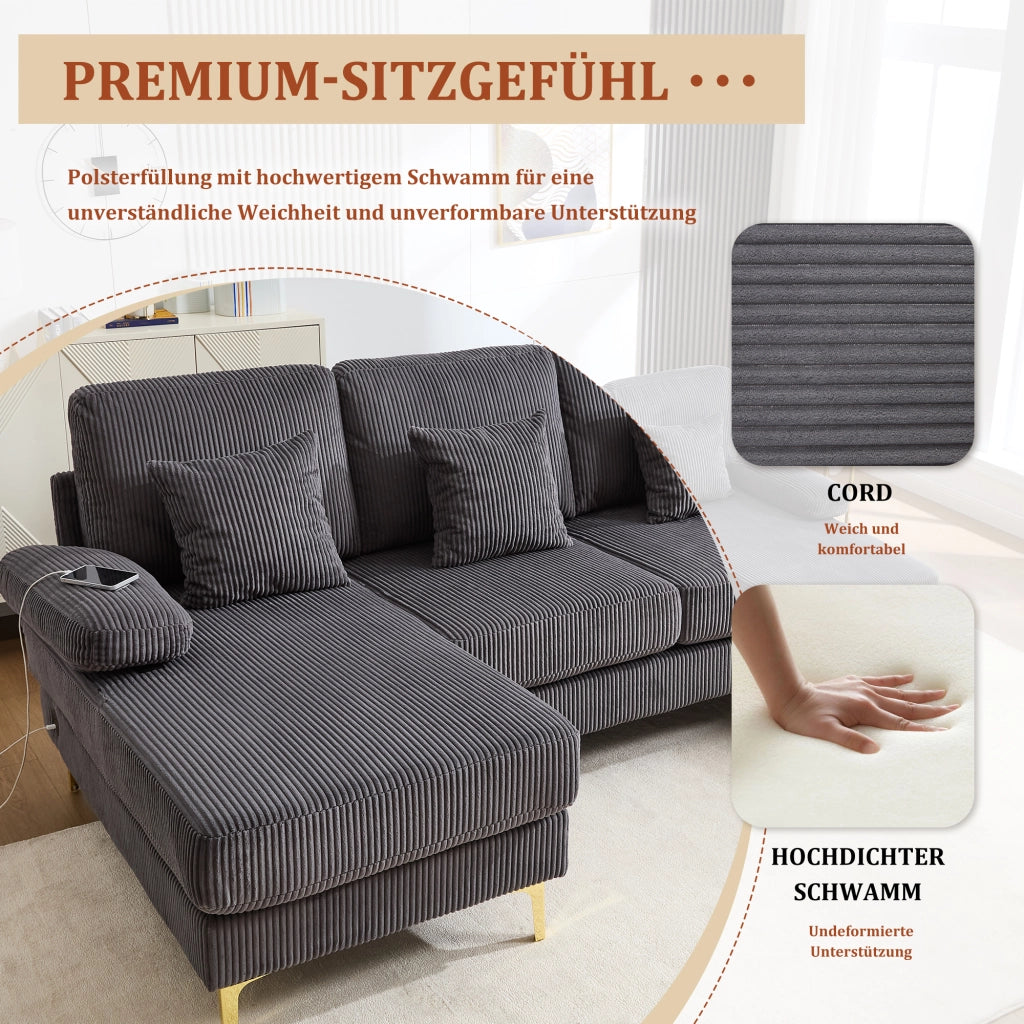 DIVANO A U 265x135x88 cm Velluto Grigio con LED e USB