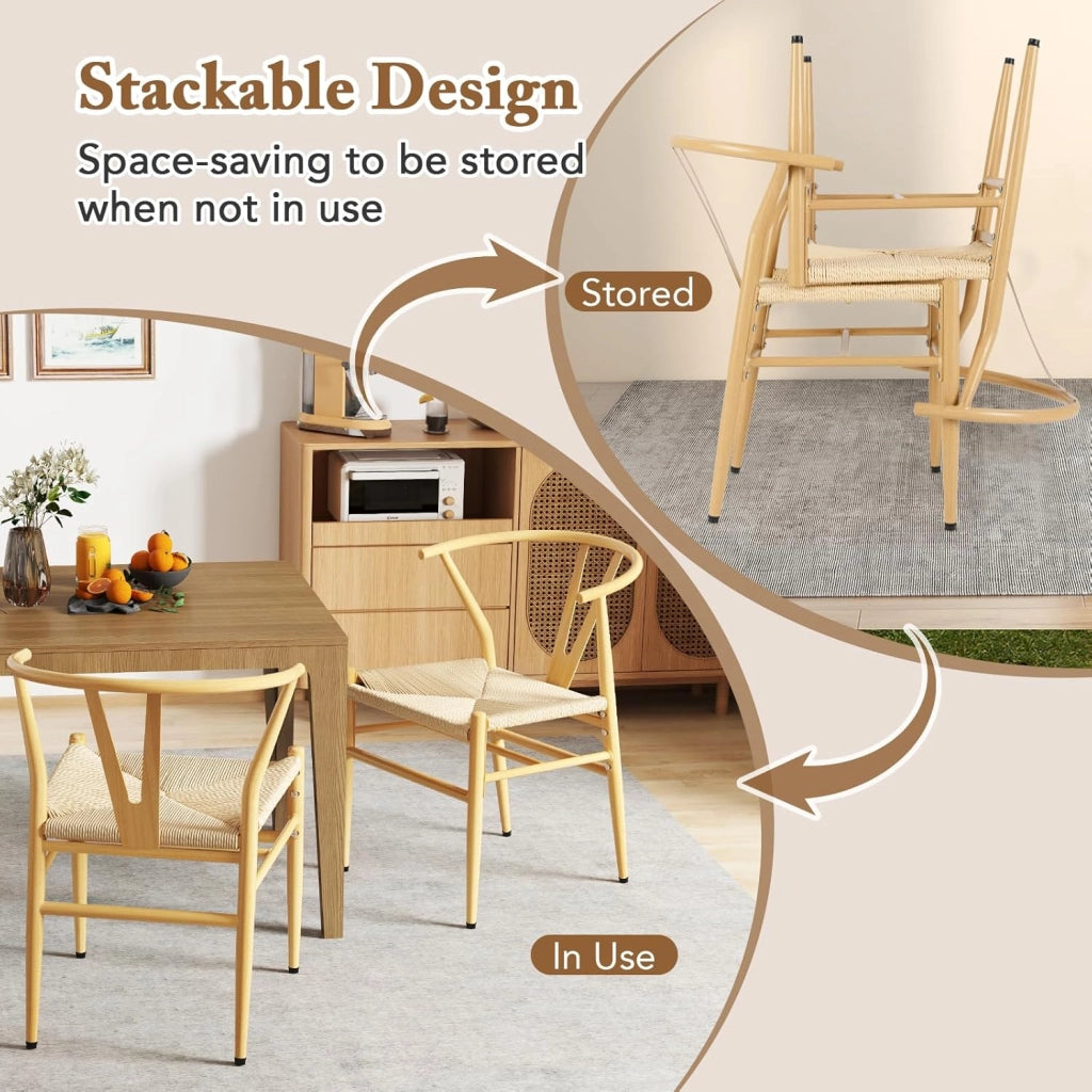 Set di 2 sedie da pranzo impilabili, da cucina, da soggiorno, con schienale e ampia seduta in rattan, portata 150 kg, con gambe in metallo, set di sedie 54 x 59 x 73 cm