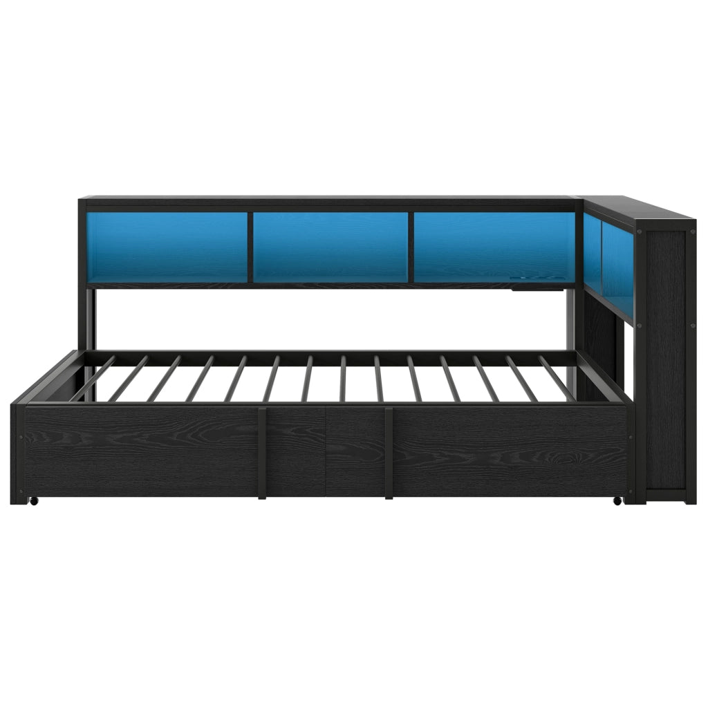 Letto da giorno 90x200 cm con letto estraibile; LED e prese USB in MDF e metallo nero