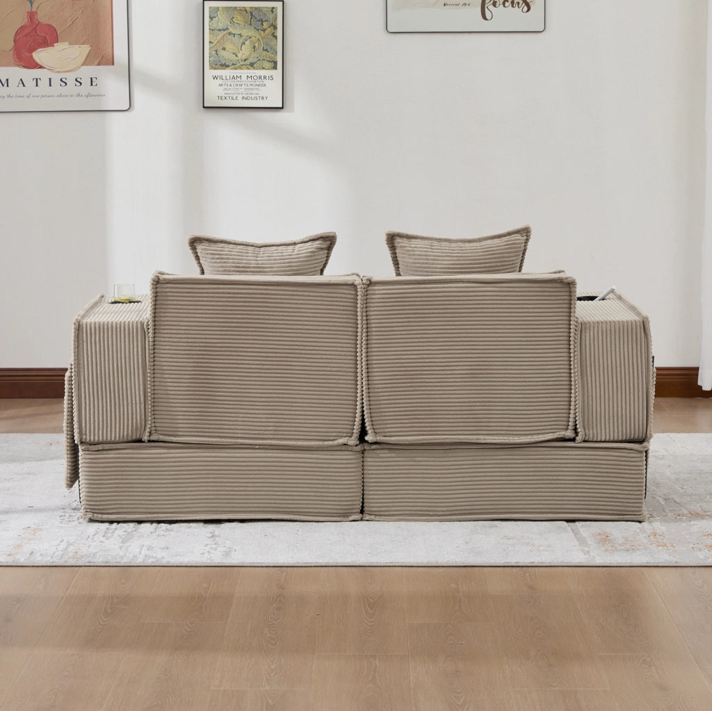 Divano pouf modulare in velluto a coste khaki con 2 cuscini e tasche laterali