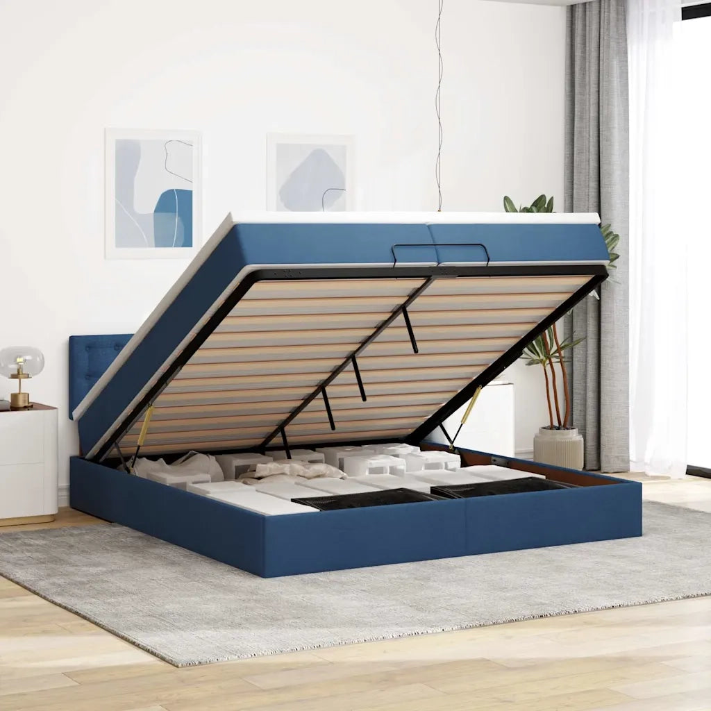 Struttura Letto Pouf con Materasso Blu 200x200 cm in Tessuto 3311656