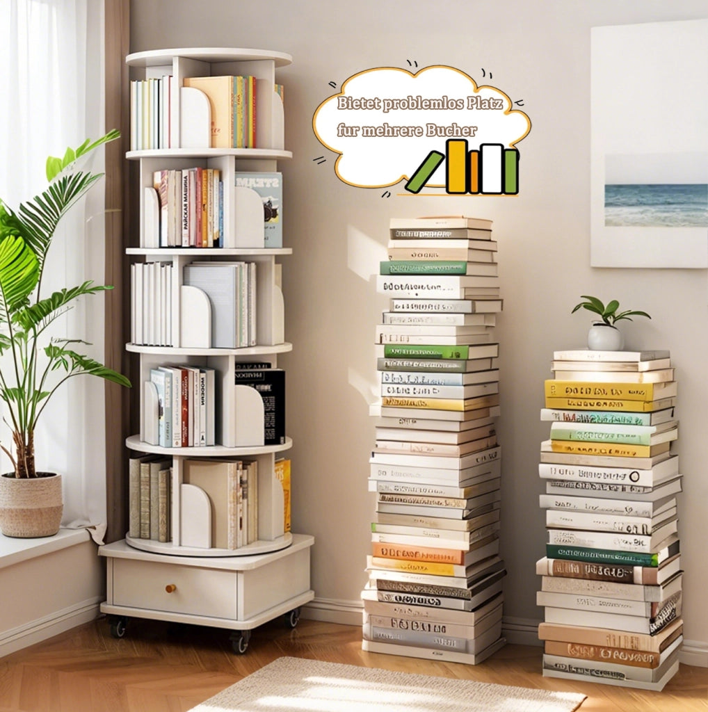 Libreria girevole 360° con cassetto e ruote, bianca