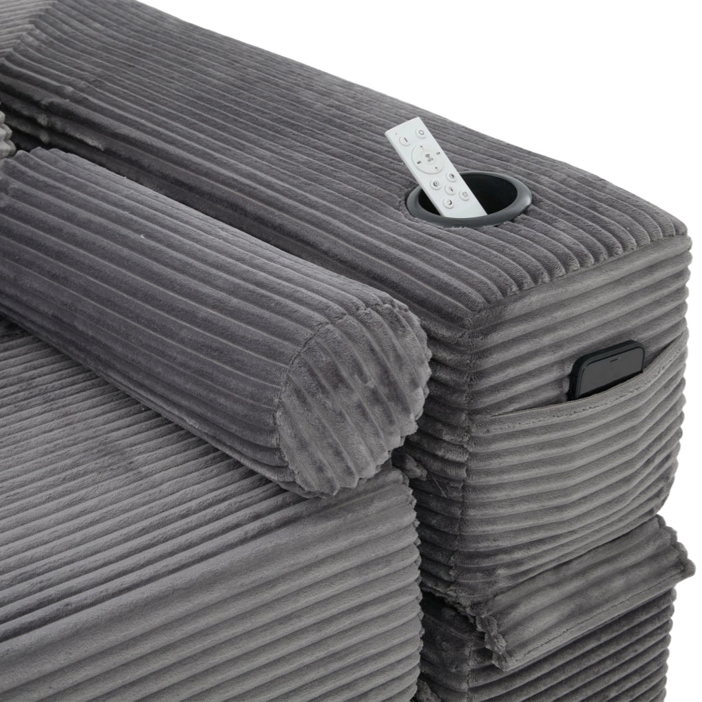 Divano letto 3 posti - con tasche laterali e portabicchieri - in velluto a coste grigio