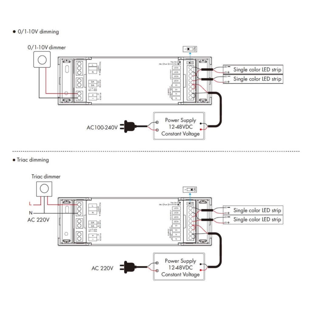 Led Dimmer DALI-2 AC Push Triac 0/1-10V, Pulsante NO, 12V 24V 36V 48V 20A, 1 Canale Tensione Costante, per Strisce LED Monocolore, V1-X
