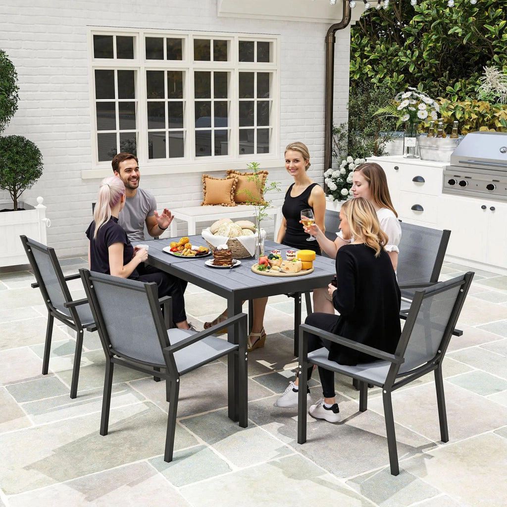 Set da Giardino con 6 Sedie Impilabili e Tavolo da Pranzo Rettangolare Grigio Chiaro