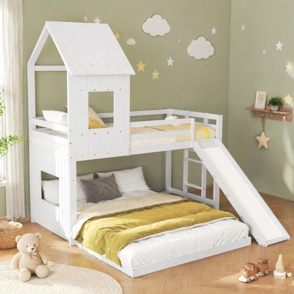 Letto a castello con scivolo, design a casetta, con scala laterale e protezioni di sicurezza
