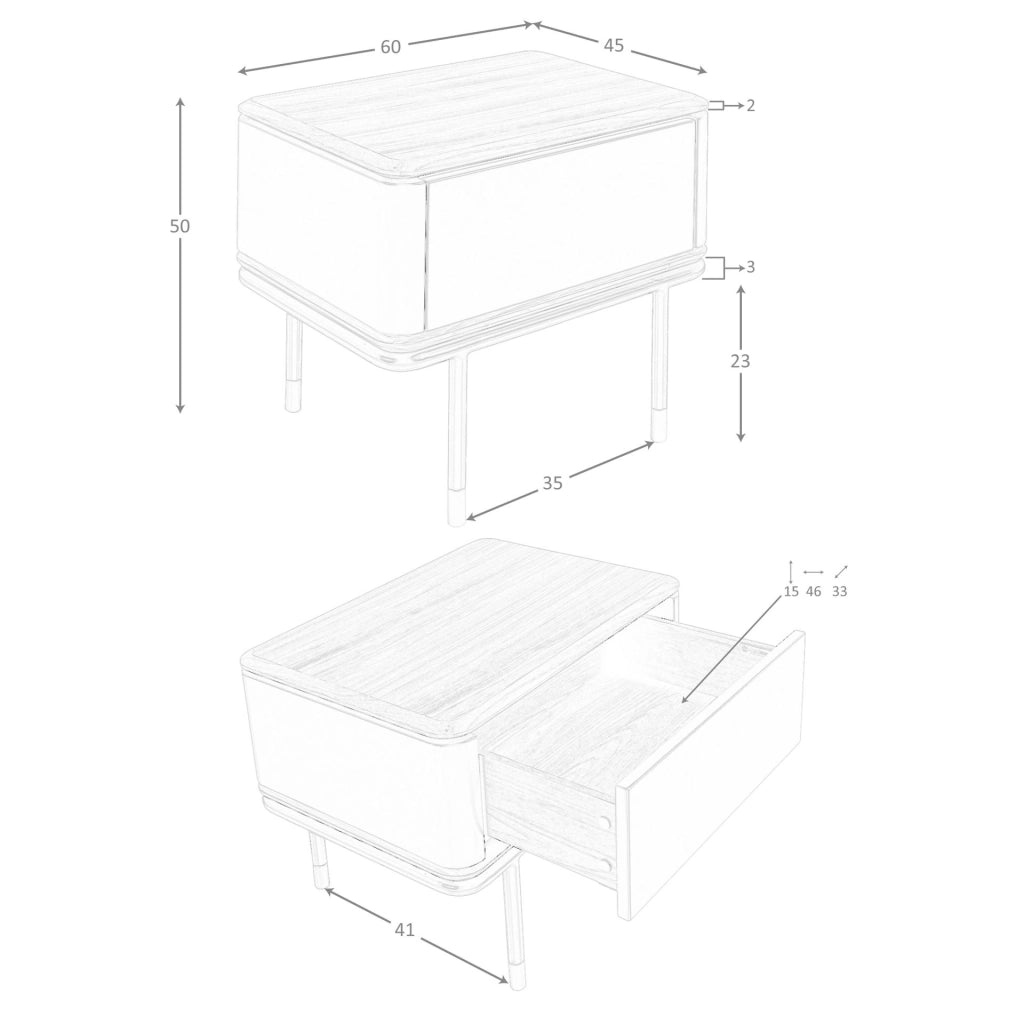 Comodino in legno grigio scuro opaco, acciaio nero e piano in noce