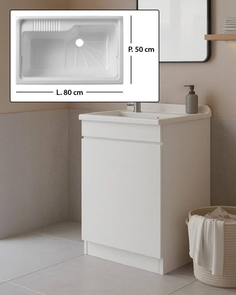 Mobile Lavatoio in legno Nobilitato Bianco con uno sportello e pilozzo lavabo in resina x lavanderia bagno Dimensioni (Larghezza x Profondità): L 80 x P 50 cm