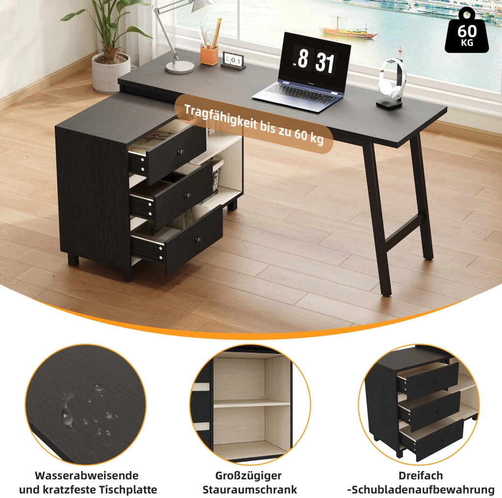 Scrivania angolare 150x100x76 cm con 3 cassetti e 2 ripiani aperti
