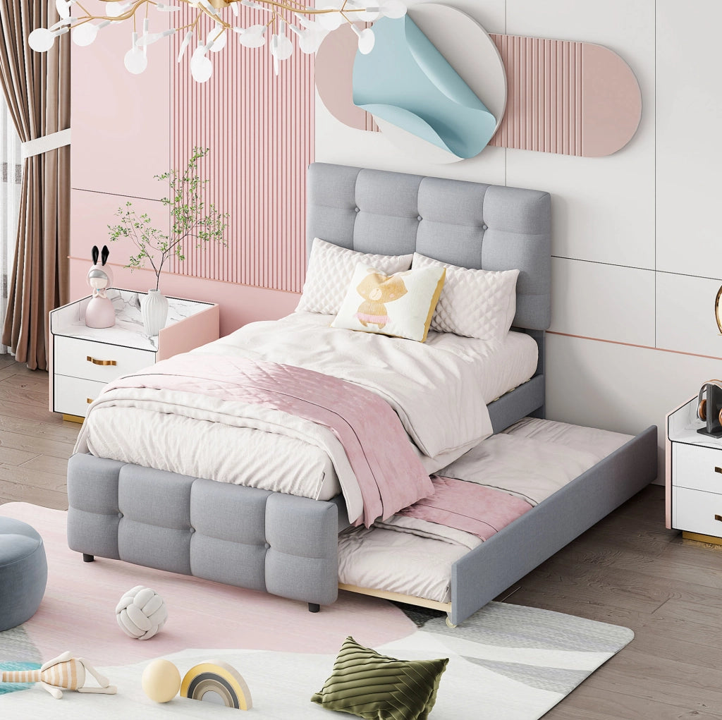 Letto imbottito 90x200 cm con letto estraibile e testiera regolabile in tessuto di lino grigio