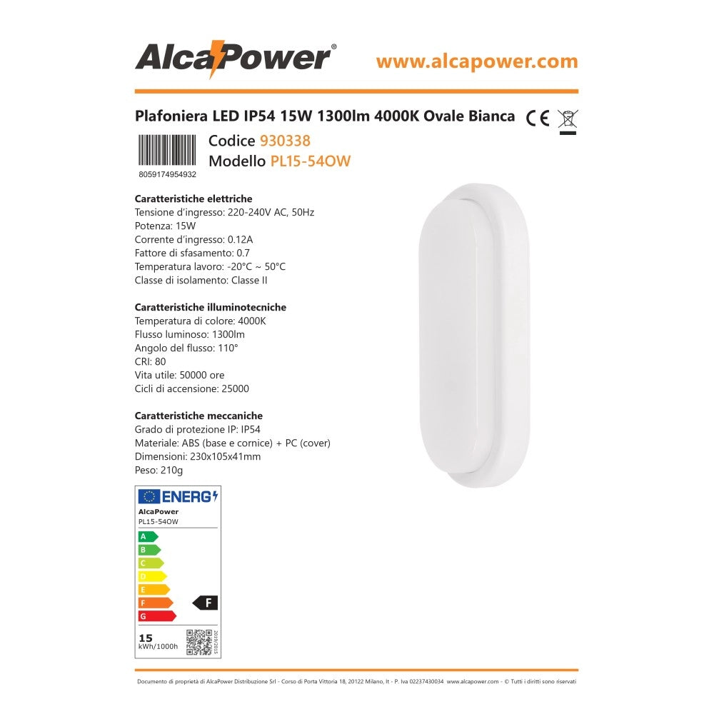Alca power plafoniera led ovale 15w 1300lm ip65 - per esterni ed interni