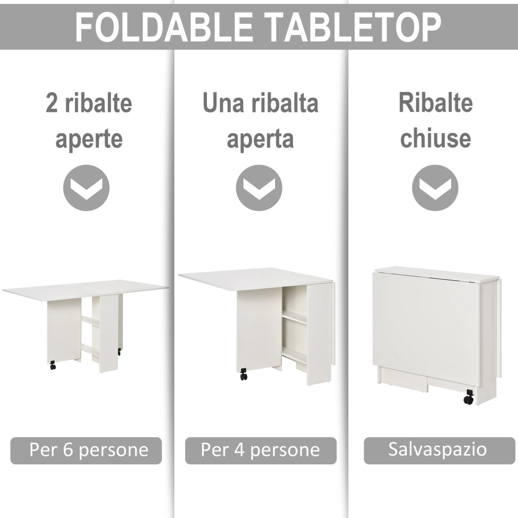 Tavolo Pieghevole Salvaspazio in Legno Bianco con Ruote