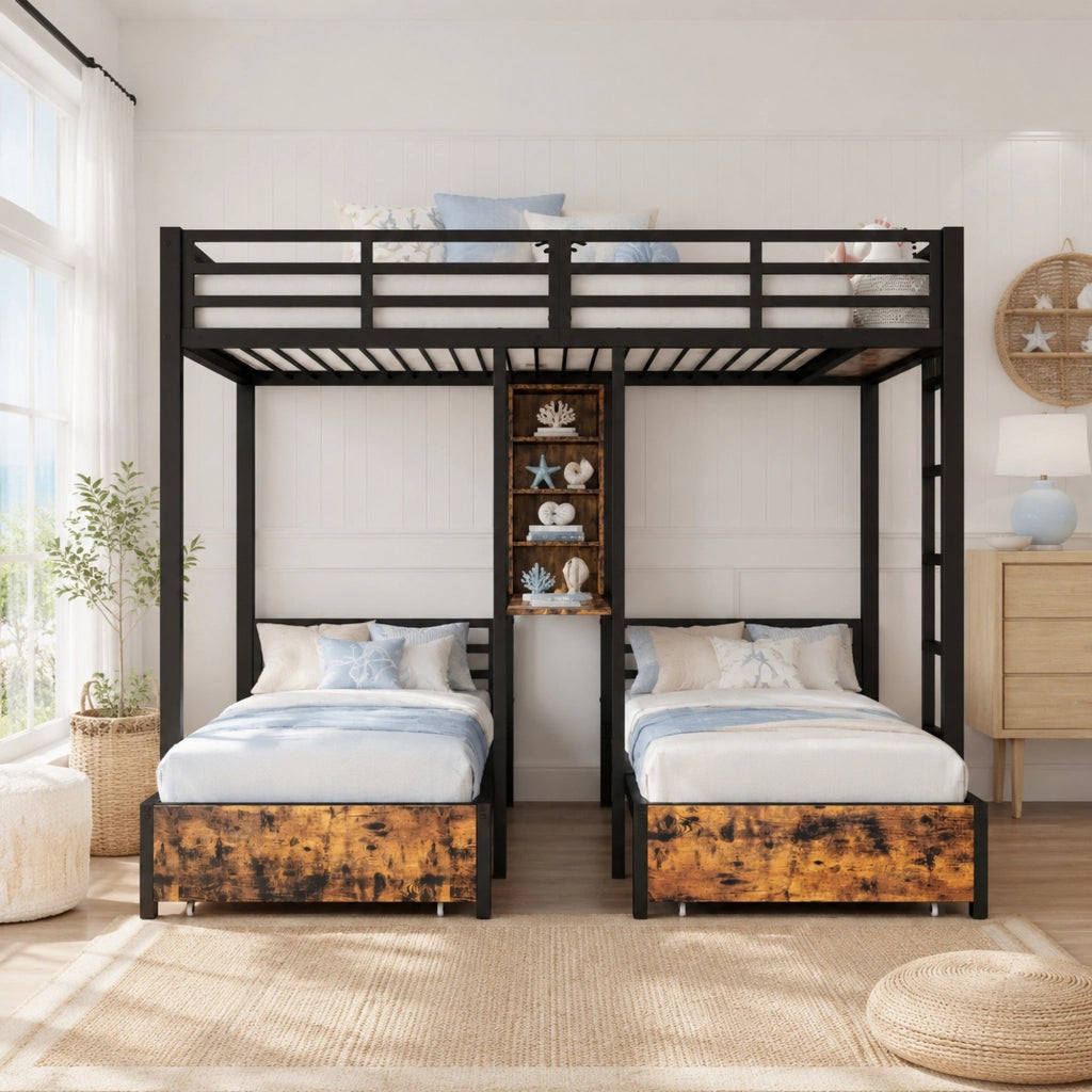 LETTO A CASTELLO 140x200+90x200 cm Nero 3 posti con 2 cassetti