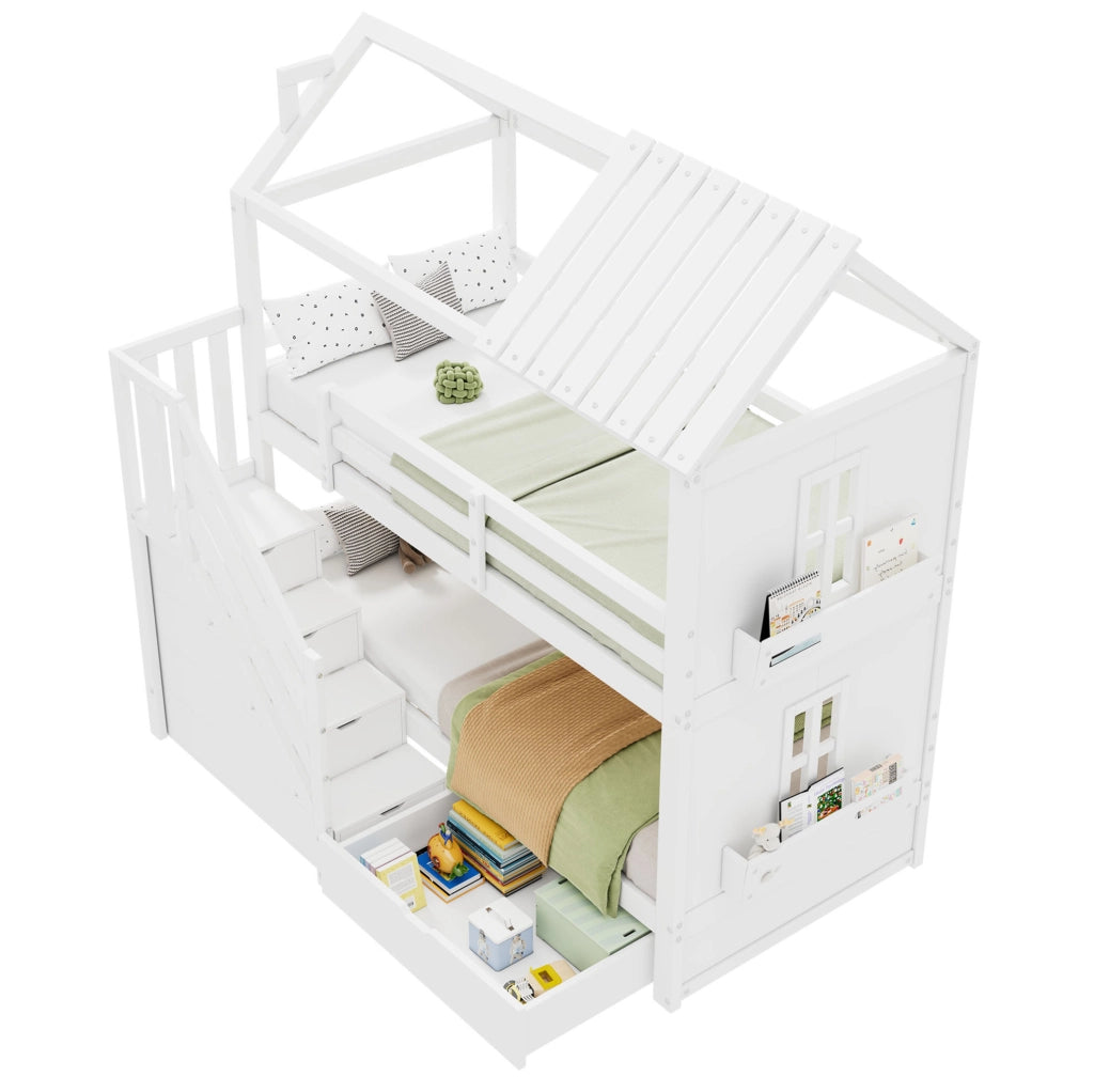 Letto a castello per bambini 90x200 cm con scala contenitore; cassetti e ripiani; bianco