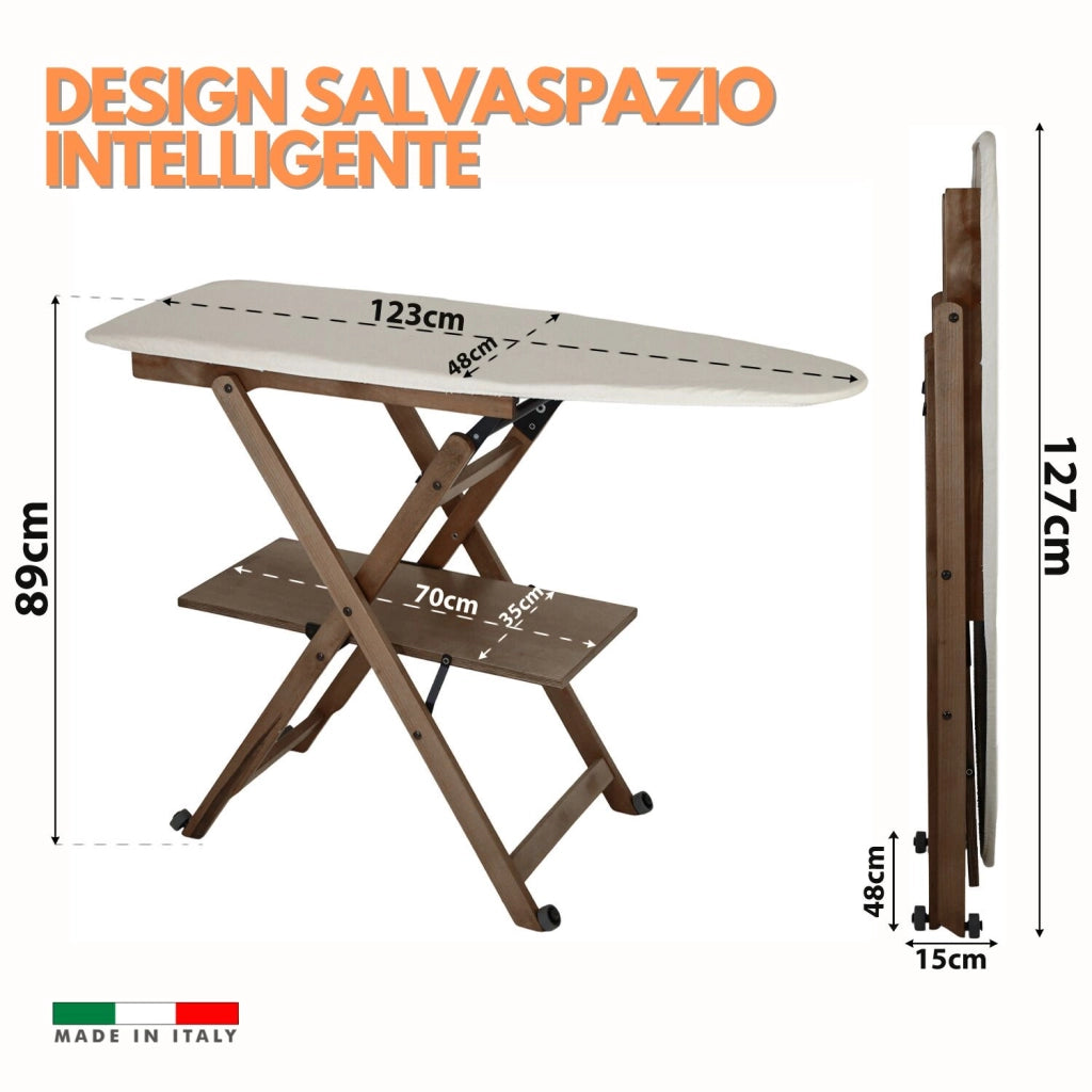 Marvin Asse da Stiro Lara Richiudibile con Ruote e Ripiano Porta Biancheria Robusto Pieghevole Salvaspazio Made in  Noce