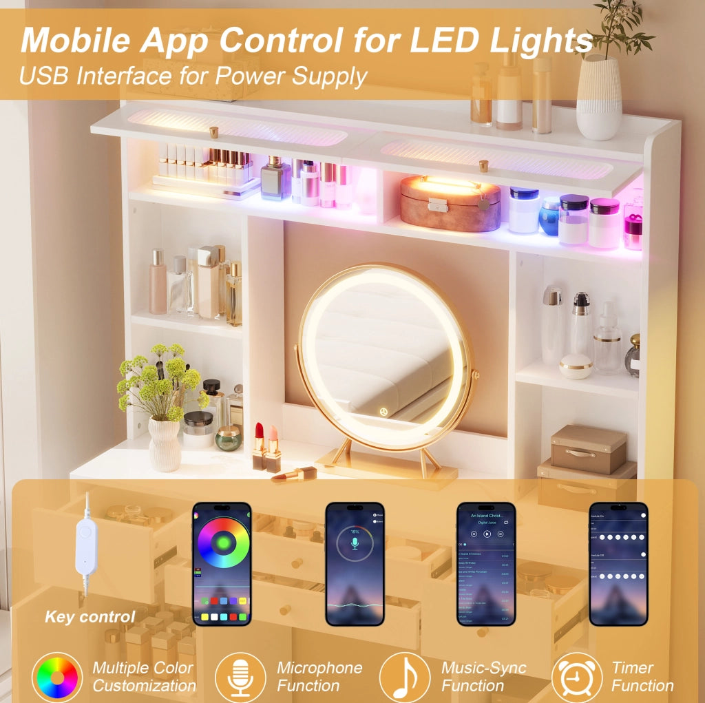 Toeletta con specchio LED; 4 cassetti; 2 armadietti e ante in vetro; bianca