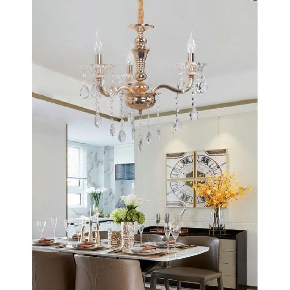 Trade Shop - Lampadario Soffitto 3 Bracci A Sospensione Con Catena Gocce Pendenti Lampada A26 - Oro