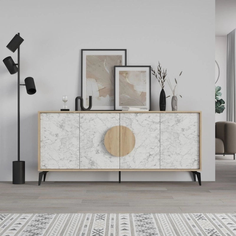 Madia Gora 180 cm struttura colore rovere con ante carrara effetto marmo bianco