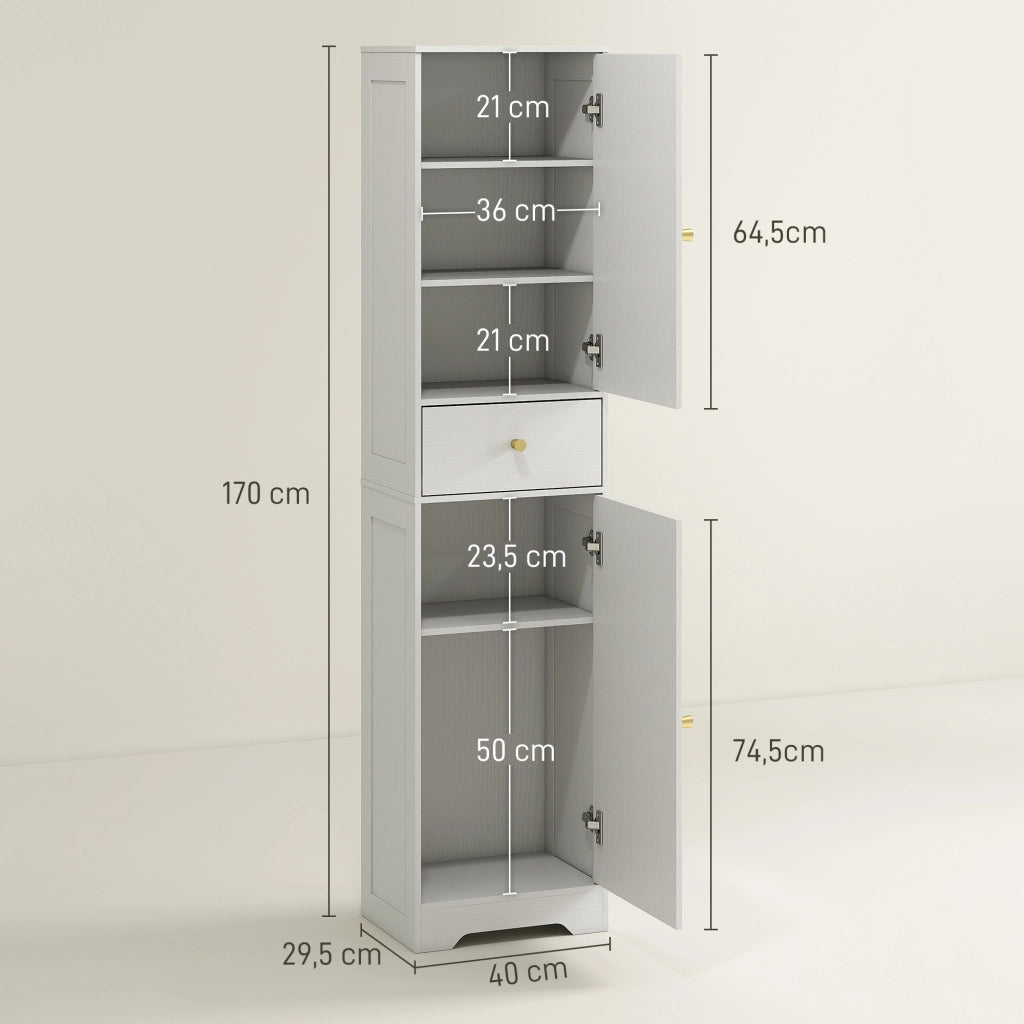 Mobile Alto da Bagno Stretto con 2 Ante Cassetto e Ripiani Regolabili ¨C Xylo ¨C Bianco 40x29,5x170 cm